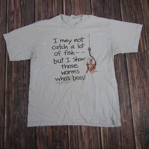 Vintage Shoebox Greetings Shirt Mens Large Gray Fishing Humor Worms Boss 90s Tee